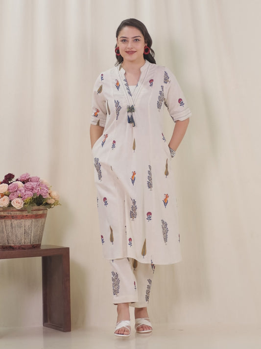 Embroidered Linen Cotton Floral Flared Off White Kurta