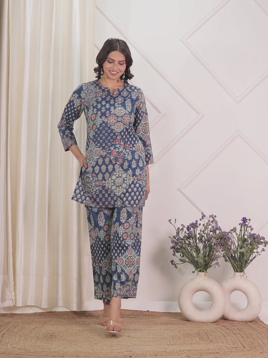 Soft Cotton Block Print Straight Blue Kurta