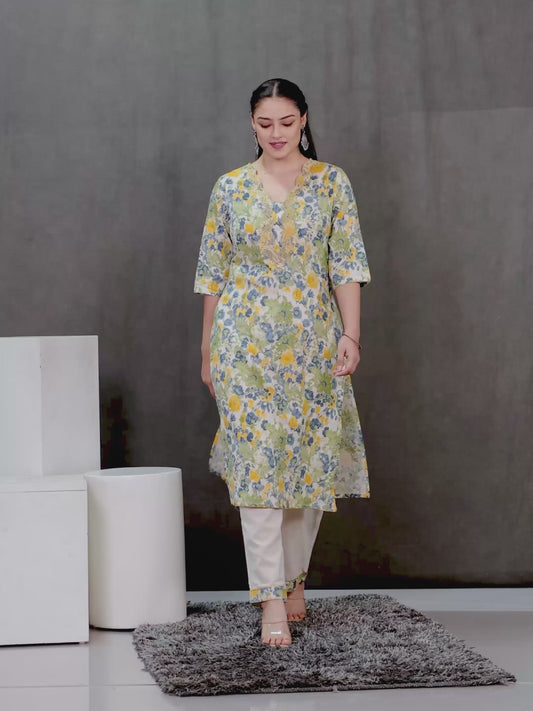 Embroidered Linen Cotton Floral Straight Off-White Kurta