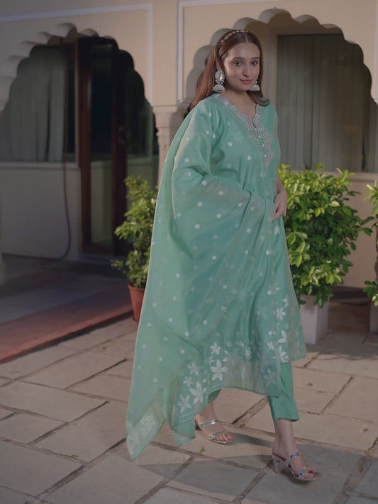 Embroidered Chanderi Floral Straight Green Kurta