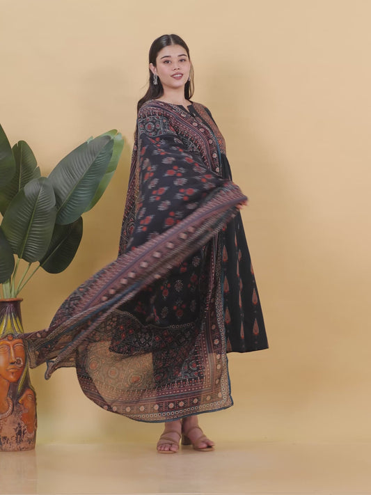 Soft Cotton Geometric Flared Black Kurta