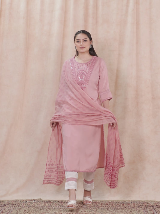 Embroidered Viscose Solid Straight Pink Kurta
