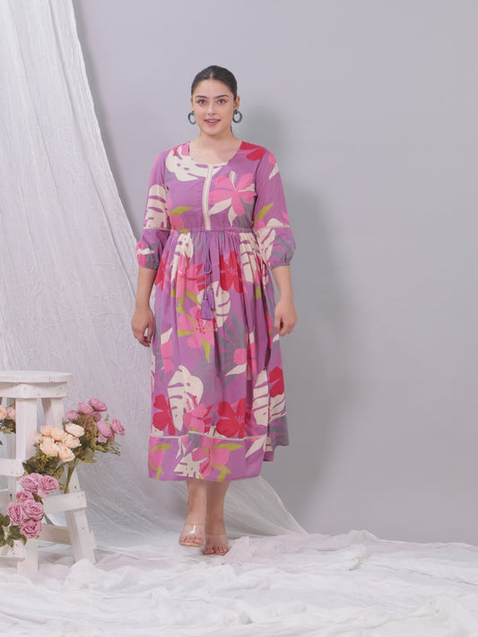Soft Cotton Foliage Anarkali Purple Dress