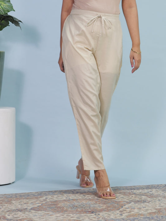 Chanderi Solid Beige Tapered Trousers