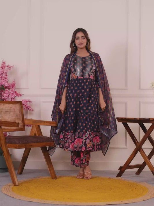 Embroidered Soft Cotton Floral Anarkali Navy Blue Kurta