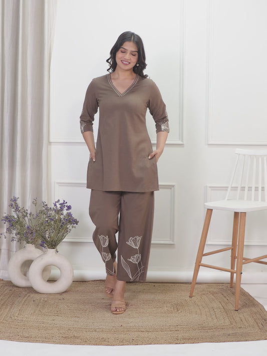 Embroidered Linen Cotton Solid Straight Brown Kurta