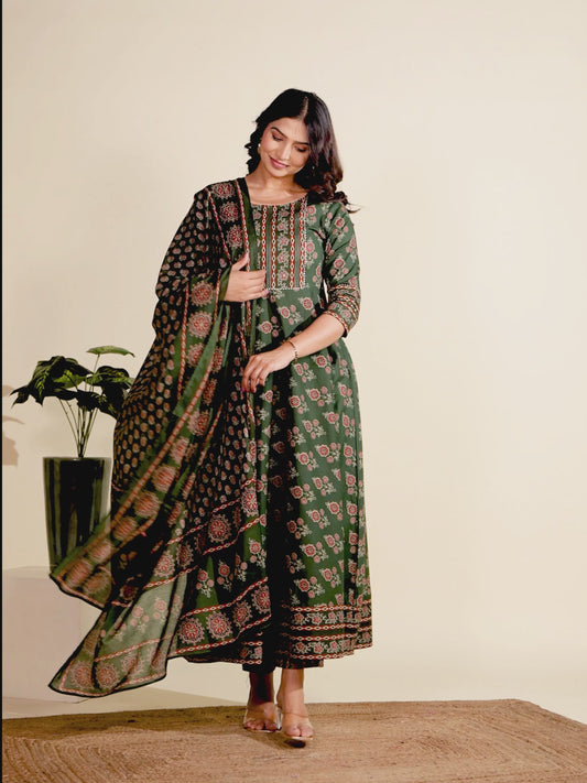 Embroidered Soft Cotton Block Print Anarkali Green Kurta