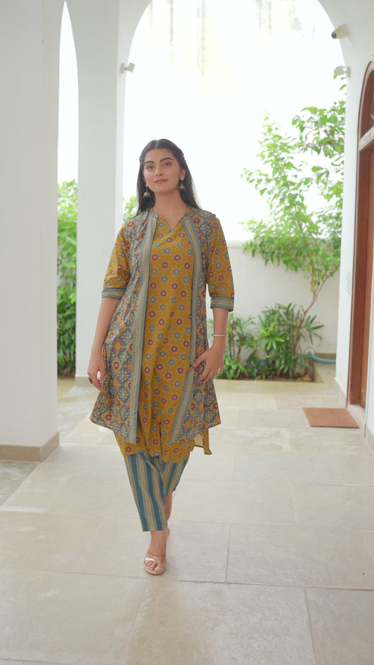 Soft Cotton Geometric A-line Mustard Kurta