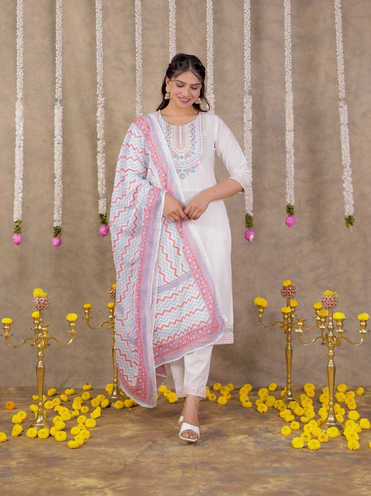 Embroidered Linen Cotton Solid Off-White Kurta
