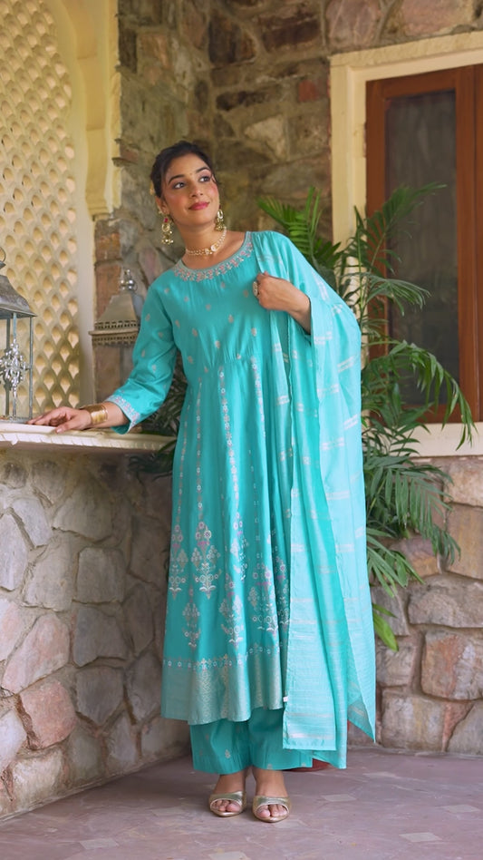 Embroidered Chanderi Gold Foil Anarkali Turquoise Kurta