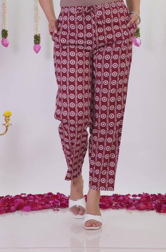 Soft Cotton Bandhani Maroon Tapered Trousers