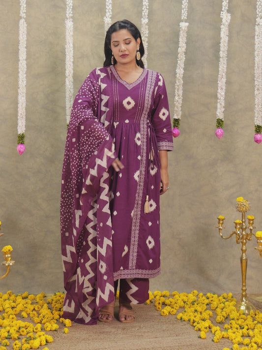 Soft Cotton Ikat Kalidar Purple Kurta