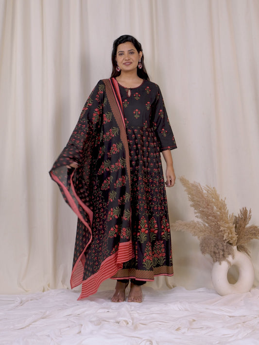 Embroidered Soft Cotton Floral Flared Black Kurta