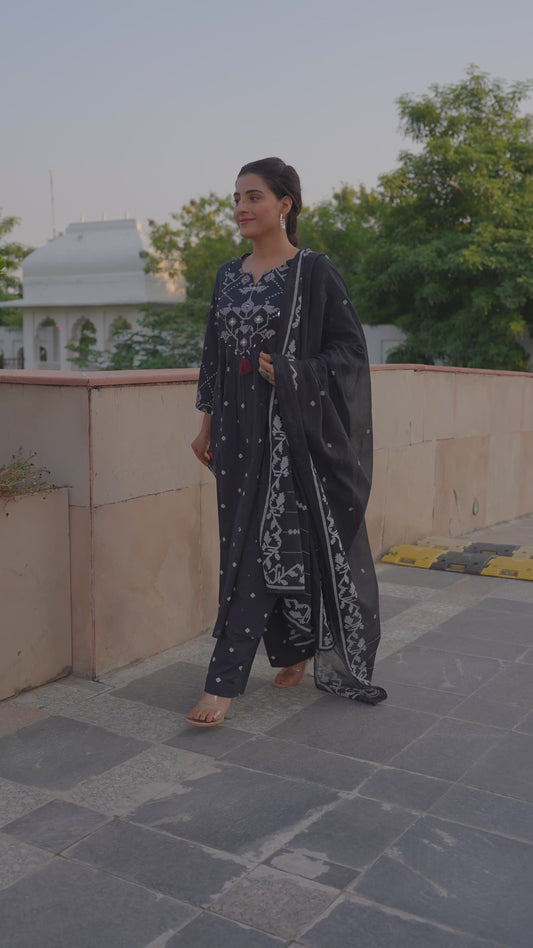 Embroidered Soft Cotton Geometric Flared Black Kurta