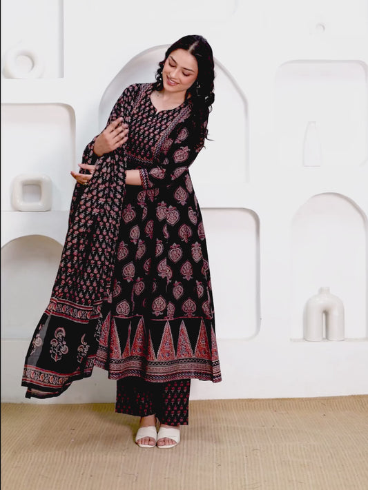 Embroidered Soft Cotton Butta Anarkali Black Kurta