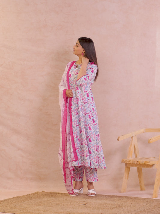 Soft Cotton Floral Anarkali Pink Kurta