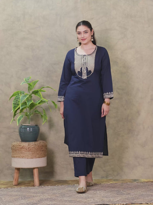 Embroidered Soft Cotton Solid Straight Navy Blue Kurta