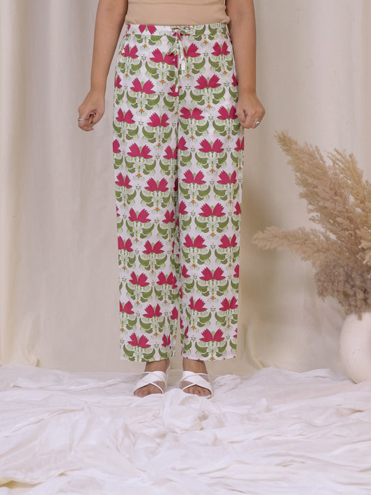 Soft Cotton Floral Off White Straight Trousers