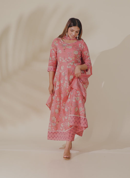 Soft Cotton Floral Anarkali Pink Kurta
