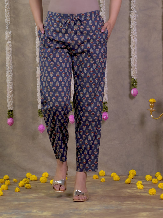 Soft Cotton Geometric Blue Tapered Trousers