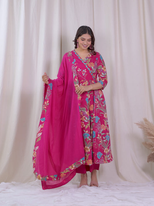 Embroidered Soft Cotton Floral Angrakha Pink Kurta