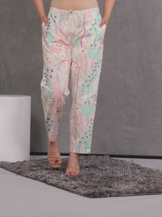 Linen Cotton Foliage Off White Tapered Trousers