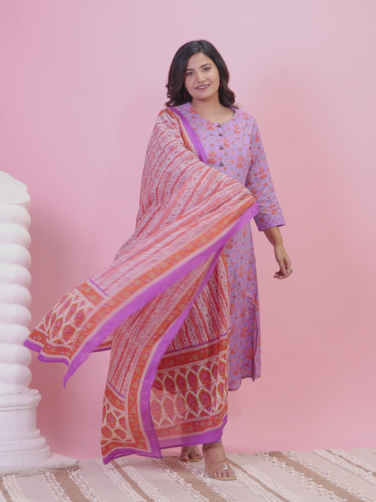 Soft Cotton Floral A-line Purple Kurta
