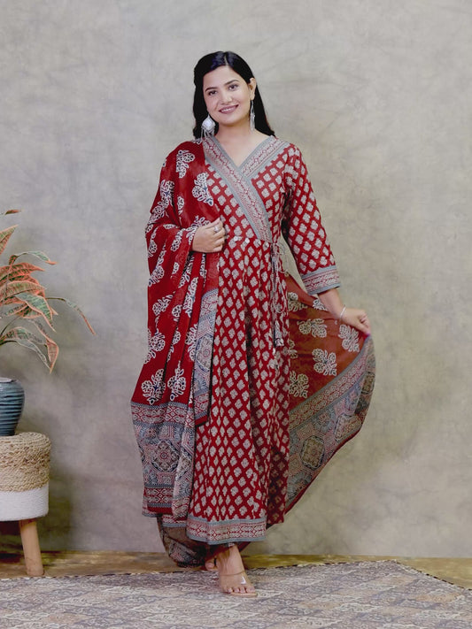 Soft Cotton Ajrakh Angrakha Red Kurta