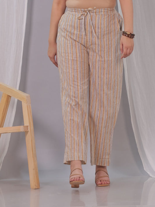 Soft Cotton Striped Beige Straight Trousers