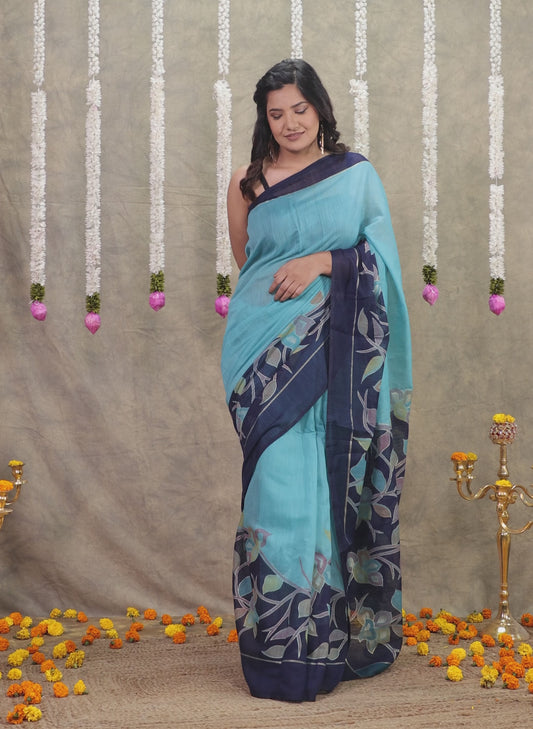 Cotton Silk Gold foil Turquoise Saree