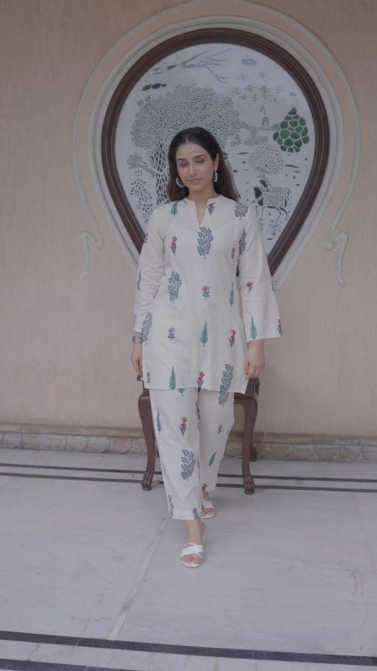 Linen Cotton Floral Straight Off White Kurta