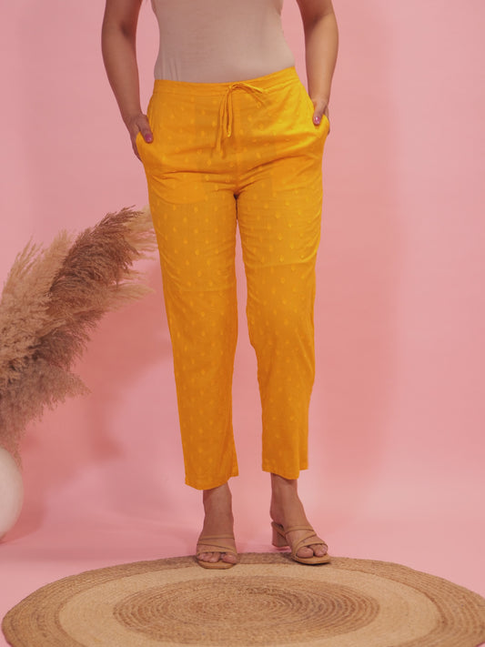 Textured Cotton Solid Yellow Tapered Trousers