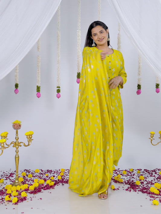 Chanderi Geometric A-line Lime Green Kurta