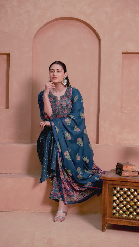 Embroidered Soft Cotton Block Print Flared Blue
