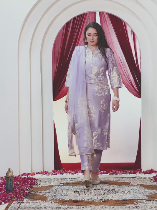Poly Chanderi Floral Straight Lavender Kurta