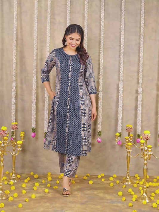 Viscose Gold Foil A-line Royal Blue Kurta