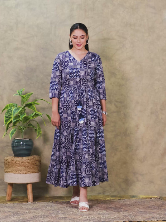 Soft Cotton Geometric Anarkali Indigo blue Dress