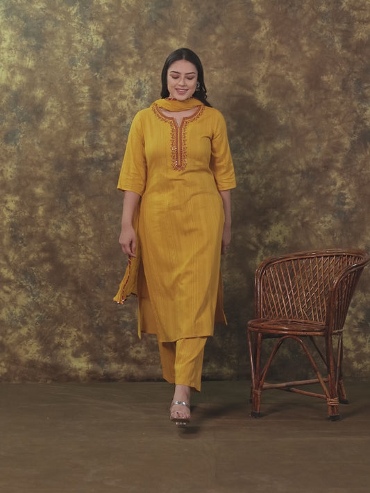 Embroidered Cotton Dobby Solid Straight Yellow Kurta