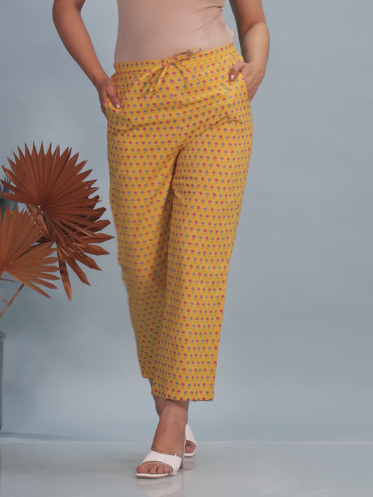 Soft Cotton Butti Yellow Straight Trousers