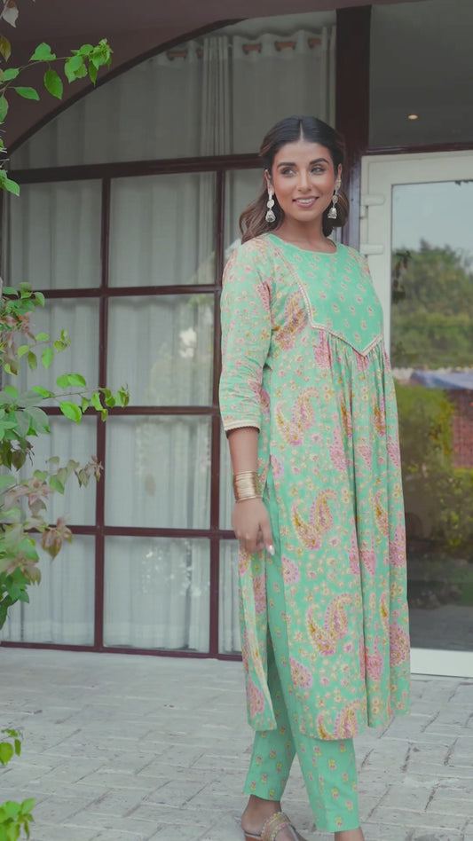 Soft Cotton Paisley Flared Mint Green Kurta