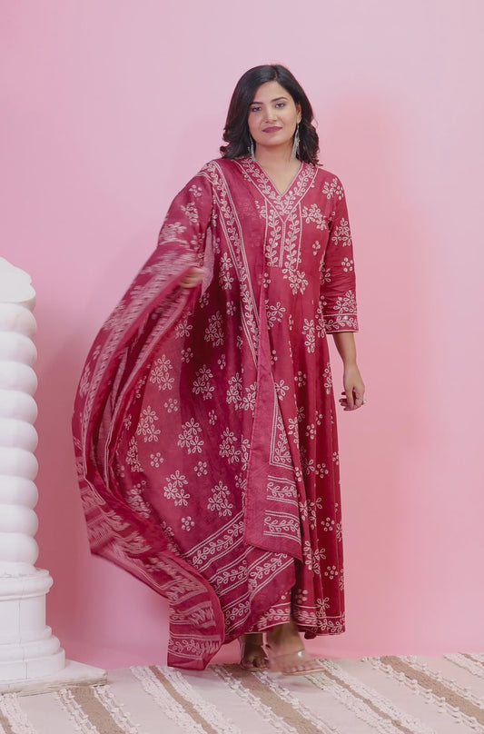 Embroidered Soft Cotton Floral Anarkali Maroon Kurta