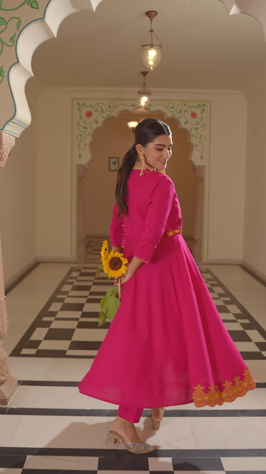 Embroidered Linen Cotton Solid Anarkali Pink Kurta