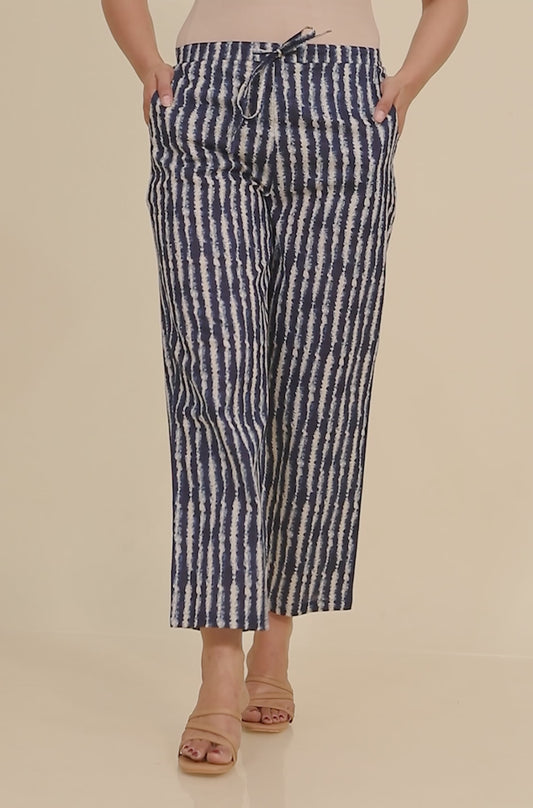 Soft Cotton Striped Blue Straight Trousers