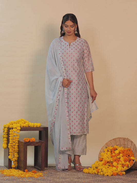 Chanderi Floral Straight Blue Kurta