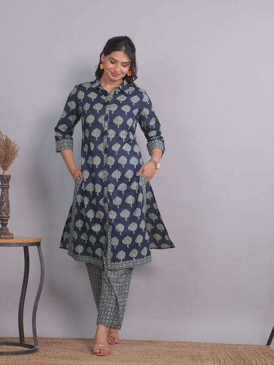 Soft Cotton Floral High Low Blue Kurta