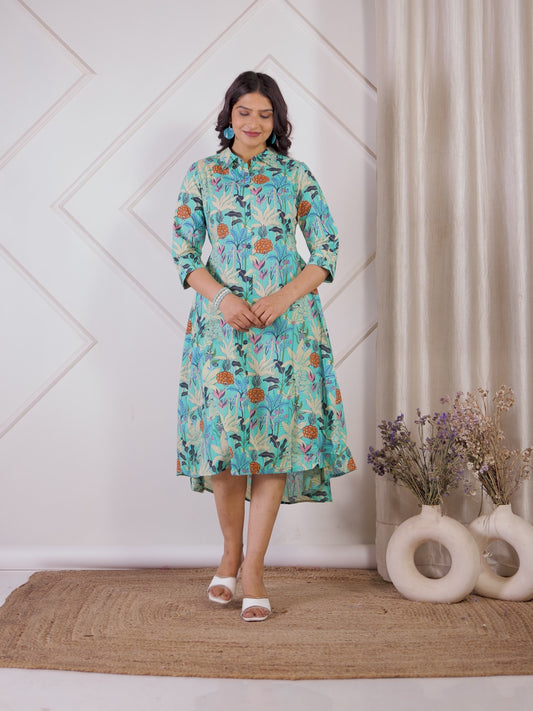 Soft Cotton Foliage Flared Turquoise Dress