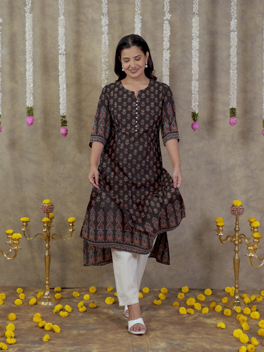 Soft Cotton Butti A-line Black Kurta