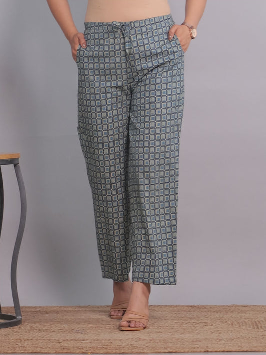 Soft Cotton Geometric Blue Straight Trousers