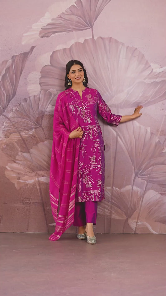 Chanderi Gold foil Straight Pink Kurta