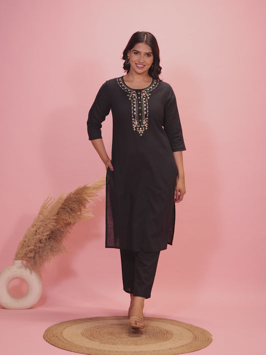 Natural Cotton Solid Straight Black Kurta